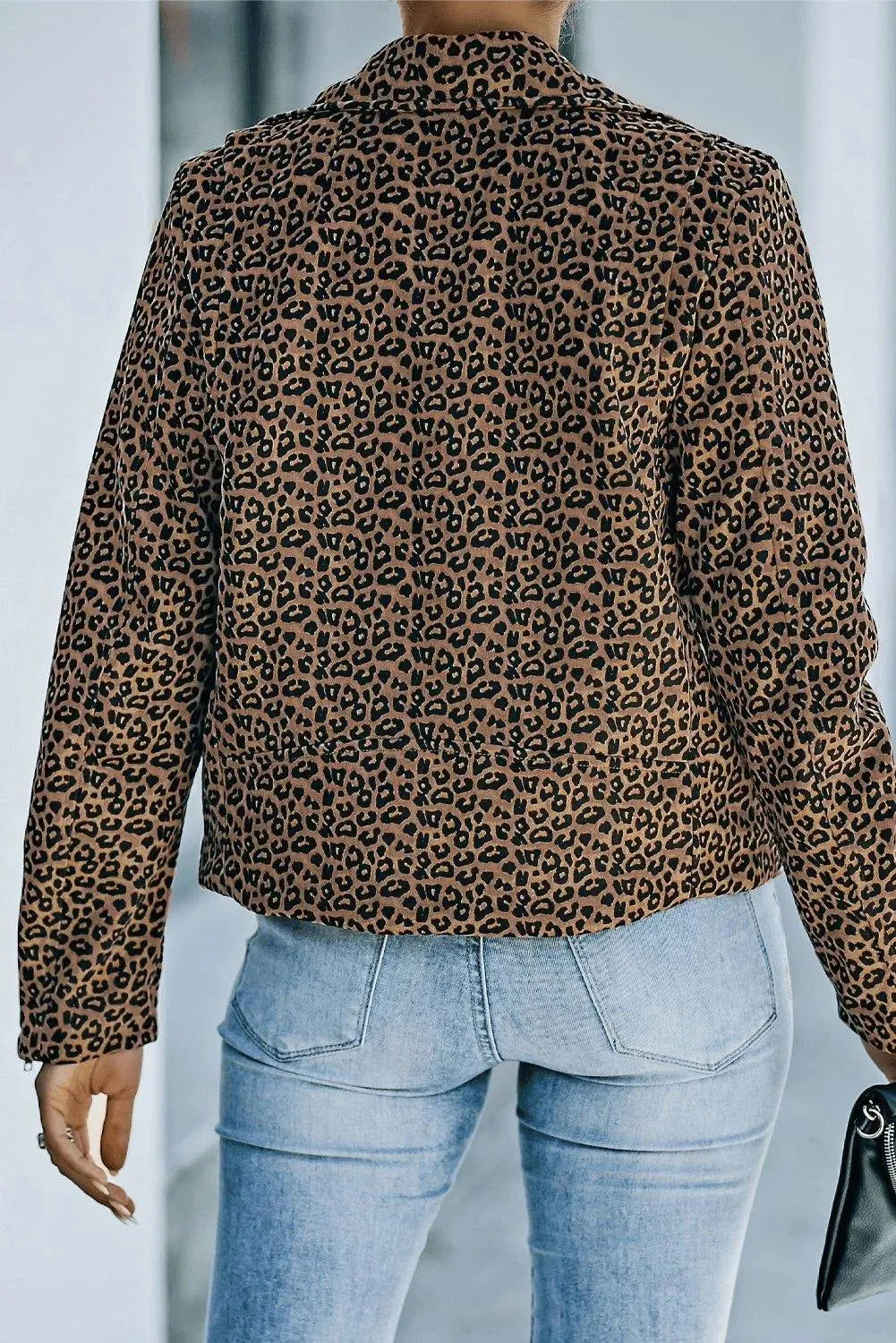 Brown Leopard Zipped Notch Collar Short Jacket