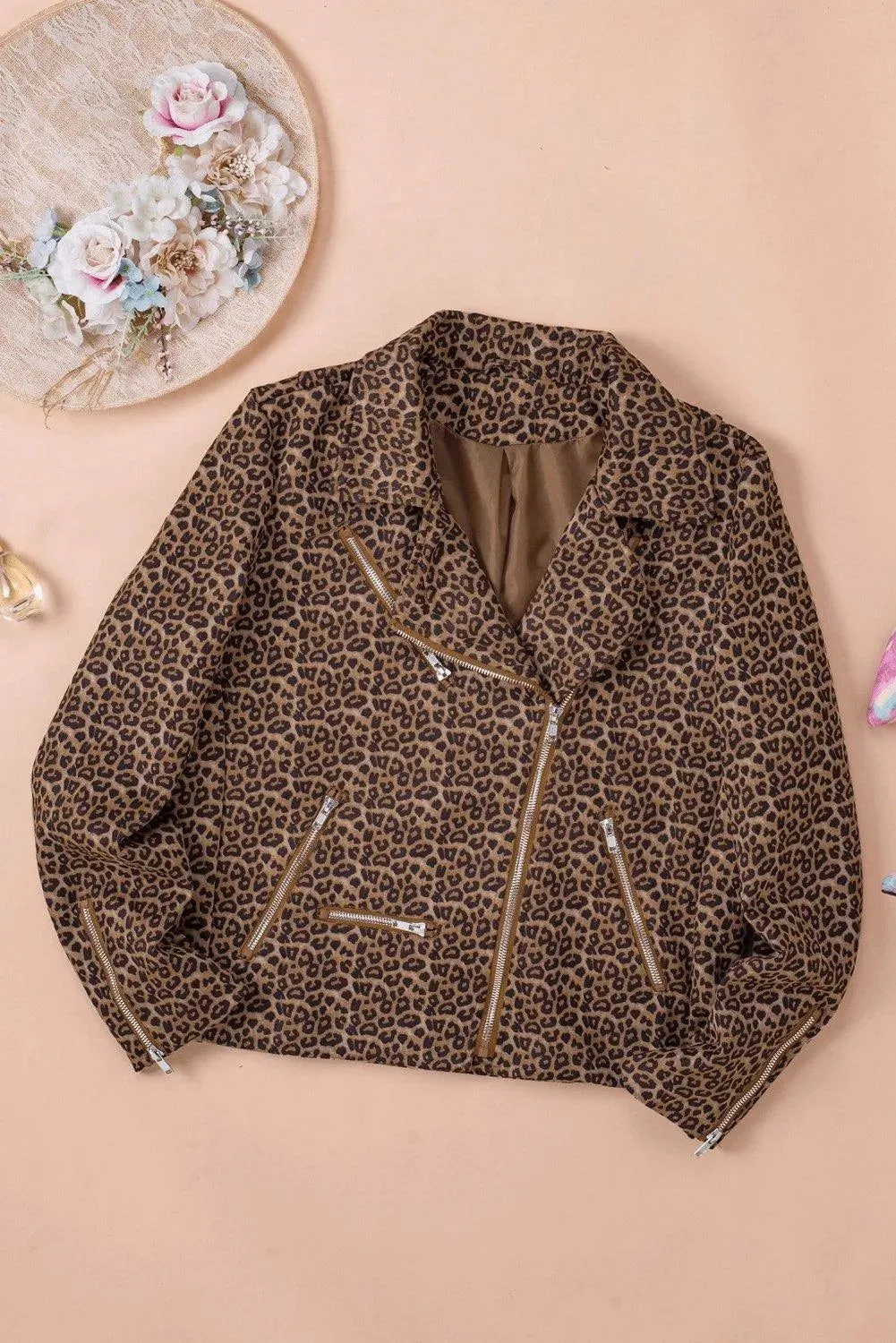 Brown Leopard Zipped Notch Collar Short Jacket