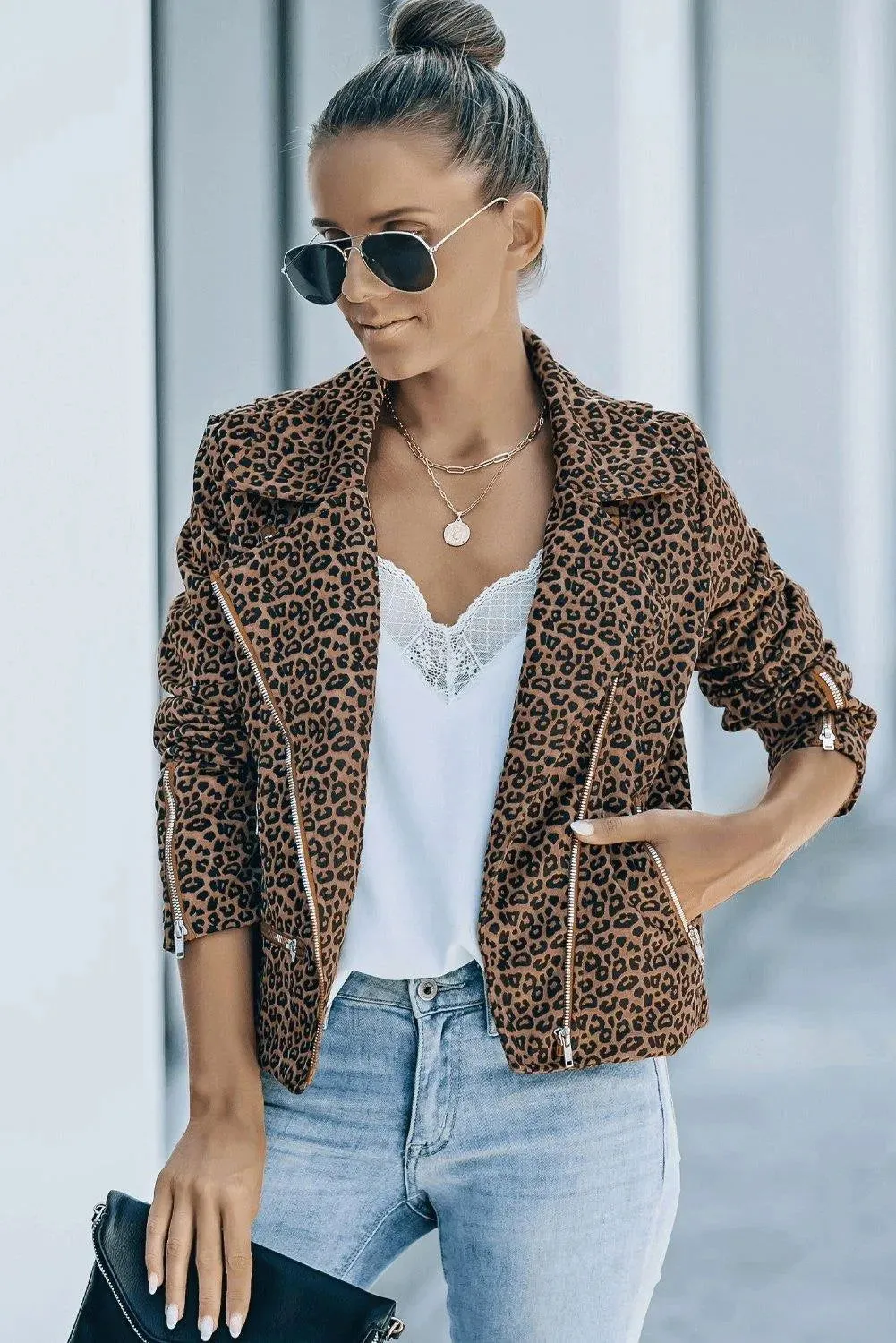Brown Leopard Zipped Notch Collar Short Jacket