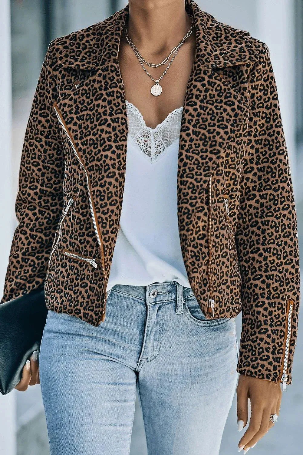 Brown Leopard Zipped Notch Collar Short Jacket